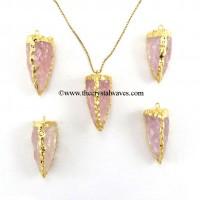 Rose Quartz 3 Side Handknapped Tooth  Gold Electroplated  Pendant